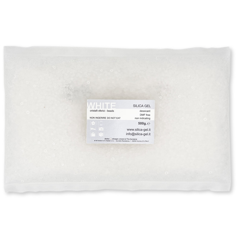 500 g  silica gel Bianco sferico- sacchetto PEAD termosaldato